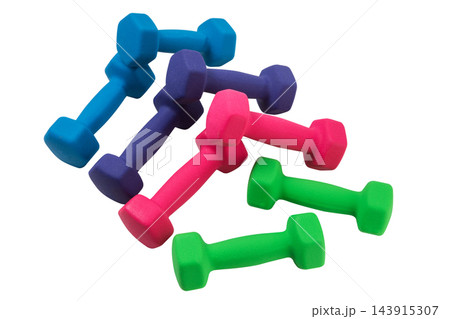Set of colorful neoprene fitness dumbbells isolated on white background stock photo Set of colorful neoprene fitness dumbbells isolated on white background stock photo 143915307