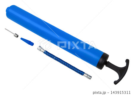 Blue manual ball pump with flexible hose and needle isolated on white background Blue manual ball pump with flexible hose and needle isolated on white background 143915311