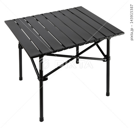 Black folding camping table with slat top isolated on white background Black folding camping table with slat top isolated on white background 143915387