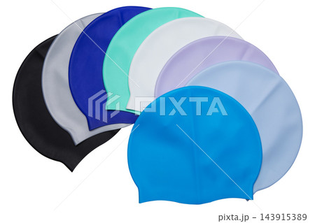 Set of colorful silicone swim caps arranged in fan shape isolated on white 143915389