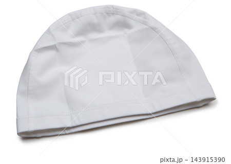 White fabric swimming cap with flat seams isolated on white background photo White fabric swimming cap with flat seams isolated on white background photo 143915390