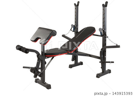 Adjustable workout bench press with leg extension isolated on white background 143915393