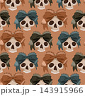 Repeating illustrated skulls with oversized bows in brown, blue, and black on a muted terracotta background, decorative seamless pattern design for textile, fabric, wallpaper 143915966