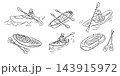 Hand drawn line illustration of kayaks and canoes with paddlers, crossed paddles, inflatable boat, water ripples, and boating equipment arranged across a white background 143915972