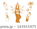 Hindu goddess illustration with multiple arms, flowing sari, lotus flower and decorative hand gestures surrounded by botanical line art on a white background, symmetrical design 143915975