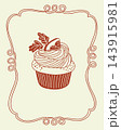 Cupcake illustration with swirled frosting, berry topping, leafy garnish, and decorative looping frame in monochrome red line art on a cream background, vintage bakery design 143915981