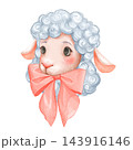 Cute Lamb Illustration with Pink Bow and Curly Wool 143916146