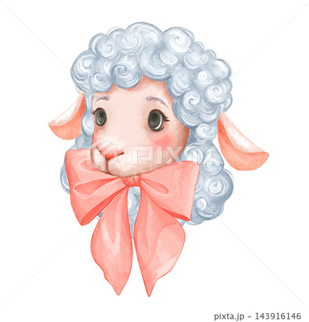 Cute Lamb Illustration with Pink Bow and Curly Wool Cute Lamb Illustration with Pink Bow and Curly Wool 143916146