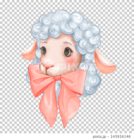 Cute Lamb Illustration with Pink Bow and Curly Wool Cute Lamb Illustration with Pink Bow and Curly Wool 143916146