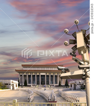 Mausoleum of Mao Zedong and street lamp (against the sunset), Tiananmen Square, Beijing, China 143918343
