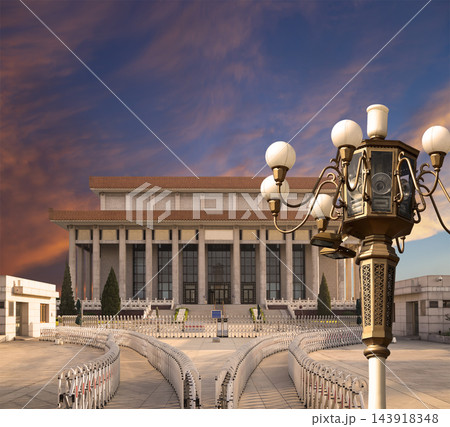 Mausoleum of Mao Zedong and street lamp (against the sunset), Tiananmen Square, Beijing, China Mausoleum of Mao Zedong and street lamp (against the sunset), Tiananmen Square, Beijing, China 143918348
