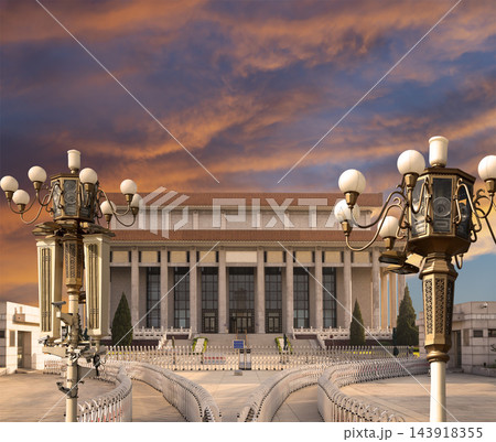 Mausoleum of Mao Zedong and street lamp (against the sunset), Tiananmen Square, Beijing, China 143918355
