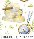 Tambourine watercolor seamless pattern with hand drawn musical instrument and pastel pink blue ribbons. Jewish women symbol of Passover, Miriam song, joy and Israel culture. Simple repeat background 143918576