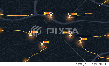 Isometric city map dashboard with delivery time markers and glowing orange routes. Urban logistics navigation interface. Vector illustration. 143919131