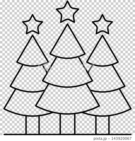 Three Christmas trees line art icon illustration with star toppers standing on ground line isolated on transparent background. Black outline pine forest clip art for holiday design. Three Christmas trees line art icon illustration with star toppers standing on ground line isolated on transparent background. Black outline pine forest clip art for holiday design. 143920067
