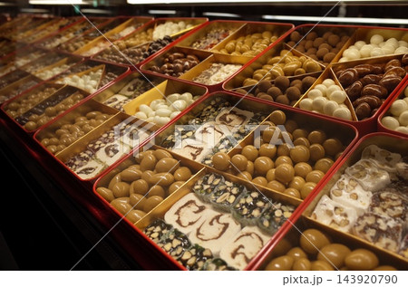 ドバイの市場に並ぶアラブの伝統菓子(ロクムやヌガー、糖衣ナッツ) ドバイの市場に並ぶアラブの伝統菓子(ロクムやヌガー、糖衣ナッツ) 143920790