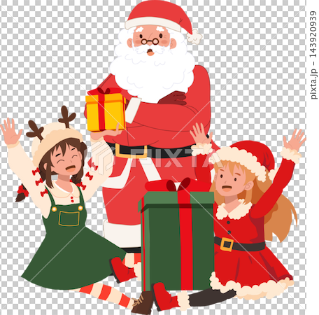 Christmas Celebration Illustration of Santa Claus Giving Presents to Two Excited Kids Wearing Festive Holiday Outfits Christmas Celebration Illustration of Santa Claus Giving Presents to Two Excited Kids Wearing Festive Holiday Outfits 143920939