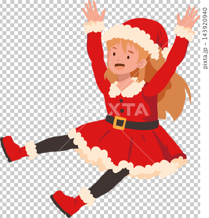 cheerful blonde girl in santa costume sitting with raised arms, created as a holiday illustration for christmas cheerful blonde girl in santa costume sitting with raised arms, created as a holiday illustration for christmas 143920940
