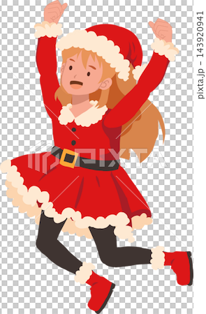 Christmas Girl Cartoon Illustration Jumping Happily in Red Santa Claus Costume with Festive Hat and Boots Christmas Girl Cartoon Illustration Jumping Happily in Red Santa Claus Costume with Festive Hat and Boots 143920941