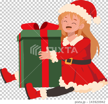 Christmas Cartoon Character Smiling Girl in Santa Outfit with Oversized Gift Box Festive Holiday Artwork Christmas Cartoon Character Smiling Girl in Santa Outfit with Oversized Gift Box Festive Holiday Artwork 143920942