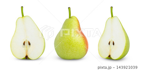 Isolated red green pear fruits. Collection of green red pear and cut in half isolated on white background Isolated red green pear fruits. Collection of green red pear and cut in half isolated on white background 143921039