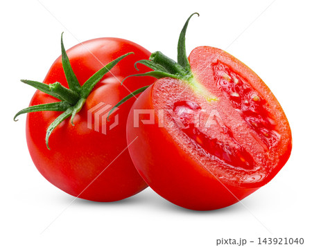Isolated ripe tomatoes. Fresh juicy tomato and cut in a half of tomato isolated on white. Isolated ripe tomatoes. Fresh juicy tomato and cut in a half of tomato isolated on white. 143921040