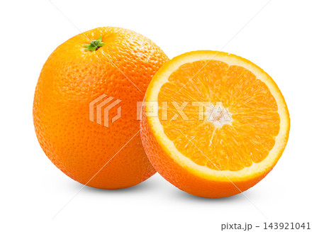 Fresh oranges isolated. Navel juicy orange and cut in half of orange fruit isolate on white background. 143921041