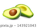 Slices or halves of avocado isolate. Half of avocado with seed isolated. Cut in a slice of organic avocado without seed isolated. 143921043