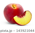 Isolated peaches. Juicy red peach fruit and cut in slice of juicy peach isolate on white, not AI, clipping path. 143921044