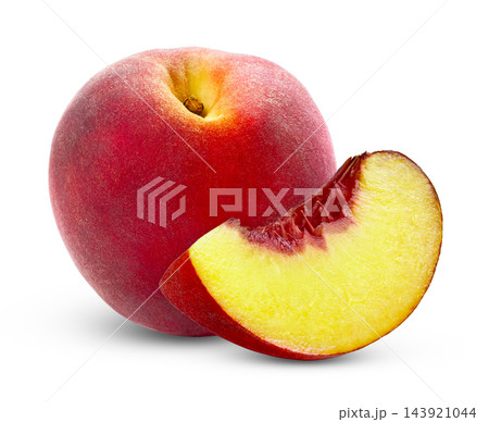 Isolated peaches. Juicy red peach fruit and cut in slice of juicy peach isolate on white, not AI, clipping path. Isolated peaches. Juicy red peach fruit and cut in slice of juicy peach isolate on white, not AI, clipping path. 143921044