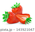 Isolated strawberries. Three strawberry fruits, cut in half of strawberry on white background. 143921047