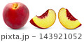 Red fresh peaches fruit collection. Red juicy peach, cut in a slice of ripe reach isolated set. 143921052