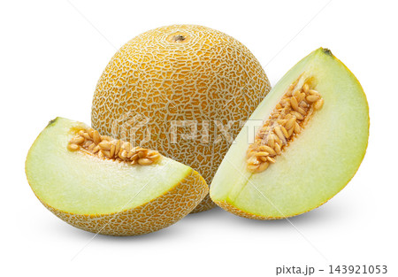 Whole fresh cantaloupe melon and slices of melon isolated on white. Whole fresh cantaloupe melon and slices of melon isolated on white. 143921053