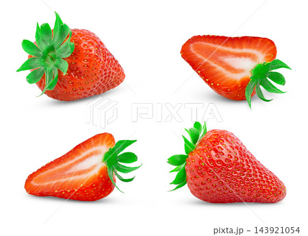 Strawberries isolated set. Juicy strawberry berry and cut in half of strawberry isolate collection 143921054