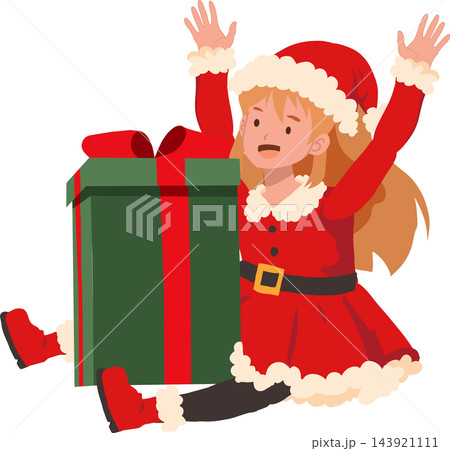 Christmas Girl in Santa Costume Celebrating with Giant Gift Box Cute Festive Cartoon Illustration 143921111