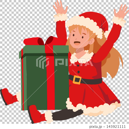 Christmas Girl in Santa Costume Celebrating with Giant Gift Box Cute Festive Cartoon Illustration Christmas Girl in Santa Costume Celebrating with Giant Gift Box Cute Festive Cartoon Illustration 143921111
