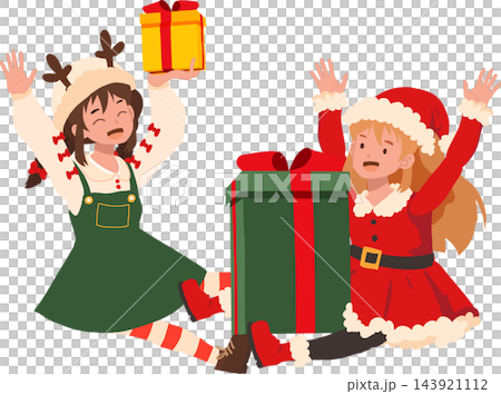 Christmas Cartoon Illustration of Two Happy Girls in Santa and Reindeer Costumes Celebrating with Colorful Gift Boxes Christmas Cartoon Illustration of Two Happy Girls in Santa and Reindeer Costumes Celebrating with Colorful Gift Boxes 143921112