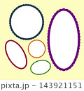Scalloped frames set. Round, circular and oval shapes with multicolored scalloped edges. Colorful elements for tags, stickers of labels. Different colors. Label forms. Silhouette lace frame. 143921151