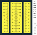 Wall growth 140 cm sticker templates on a yellow background. Kids height chart from 50 cm to 140 centimeters. Wall meter or growth ruler isolated. 143921154