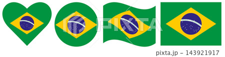 The flag of Brazil collection. Flag icon. Waving flag of Brazil. Flag of the Federative Republic of Brazil in heart shape. Round flag in circle shape. 143921917