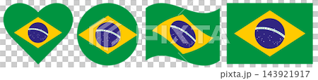 The flag of Brazil collection. Flag icon. Waving flag of Brazil. Flag of the Federative Republic of Brazil in heart shape. Round flag in circle shape. 143921917