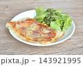 square pizza topping pork bacon and cheese with mixed fresh vegetable salad on plate 143921995