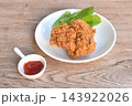 crispy fried chicken tight with fresh cos lettuce salad on plate dipping ketchup 143922026