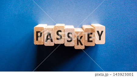 Passkey word symbol. Concept word Passkey on beautiful wooden blocks. Beautiful blue background. Business passkey word concept. Copy space. 143923001