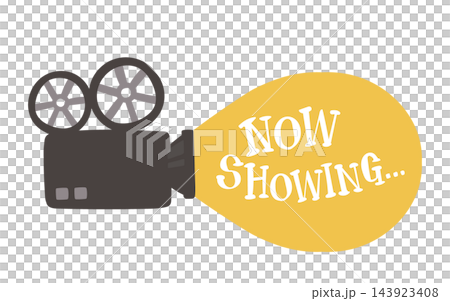 復古電影攝影機和放映機圖標，帶有“正在上映”字樣，並發光 143923408