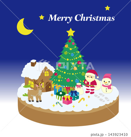 クリスマスの箱庭イラスト、ツリーと家、トナカイとサンタが集う雪景色のミニチュア世界 クリスマスの箱庭イラスト、ツリーと家、トナカイとサンタが集う雪景色のミニチュア世界 143923410