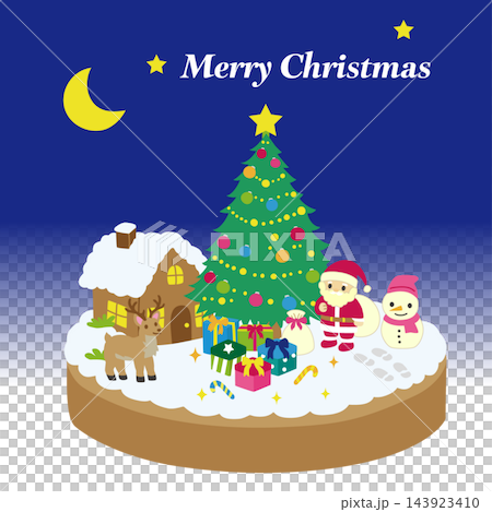 クリスマスの箱庭イラスト、ツリーと家、トナカイとサンタが集う雪景色のミニチュア世界 クリスマスの箱庭イラスト、ツリーと家、トナカイとサンタが集う雪景色のミニチュア世界 143923410