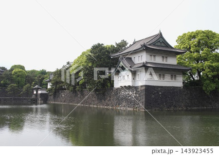 : 皇居外苑の巽櫓（桜田巽櫓）と桔梗濠の石垣風景（東京都千代田区） 143923455