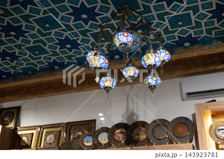 Colorful Turkish Mosaic Lanterns Glowing in Traditional Oriental Interior. 143923781
