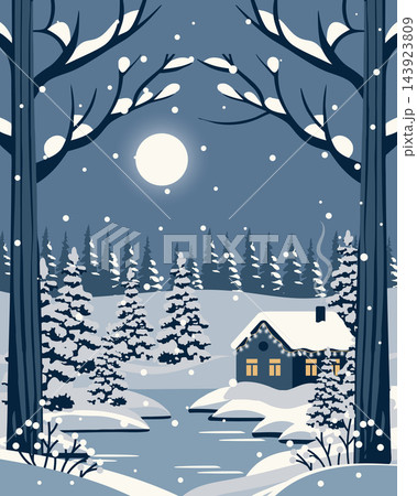 Winter landscape with cozy house in snowy forest with river. Illustration for New Years and Christmas cards. Winter landscape with cozy house in snowy forest with river. Illustration for New Years and Christmas cards. 143923809